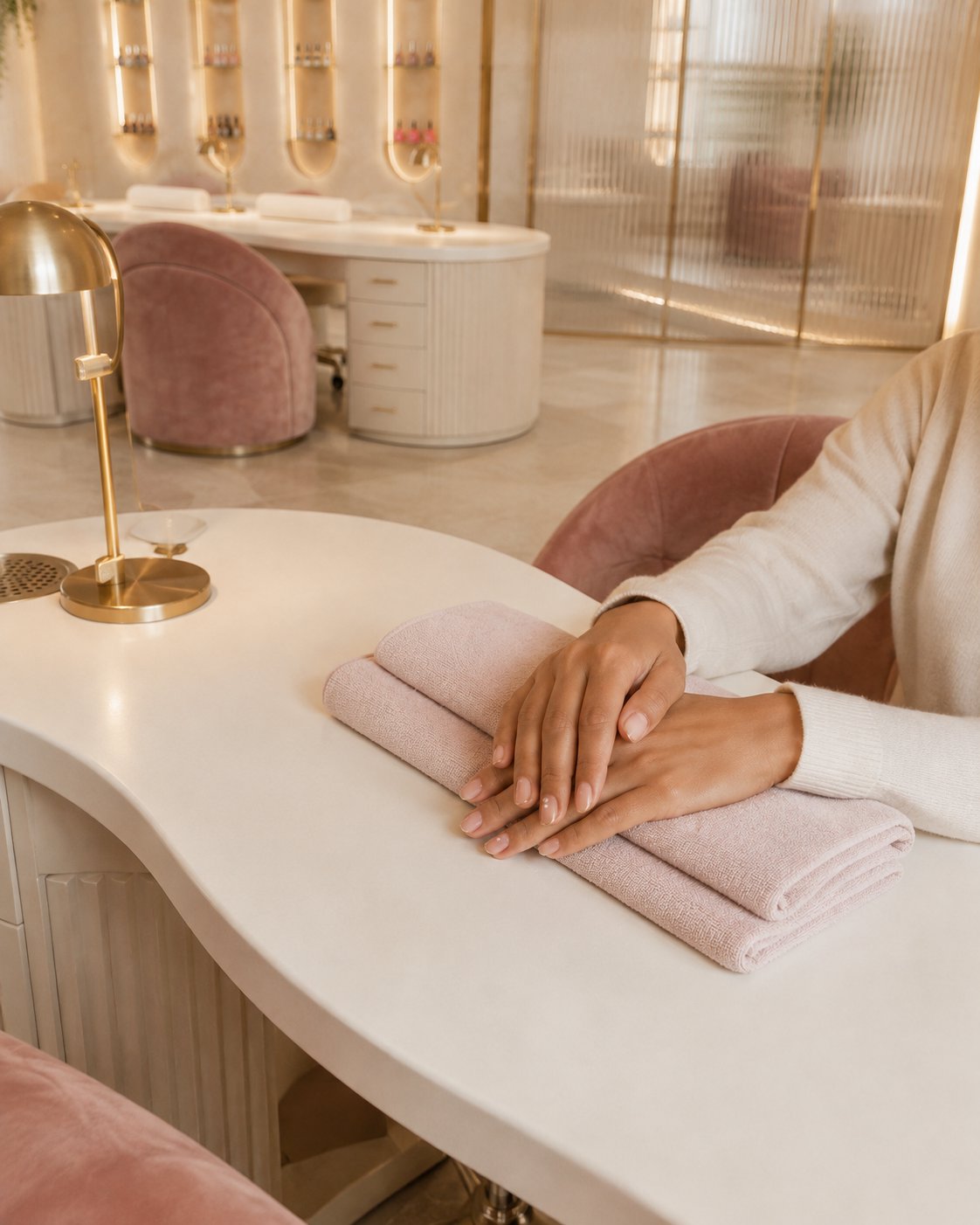 Manos con manicura nude sobre toalla rosa en Marfil Studio