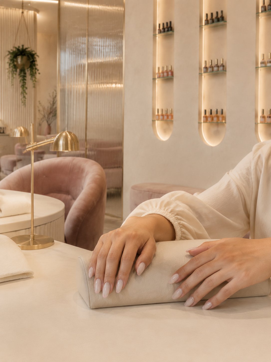 Manos apoyadas sobre cojín en mesa de manicura de Marfil Studio