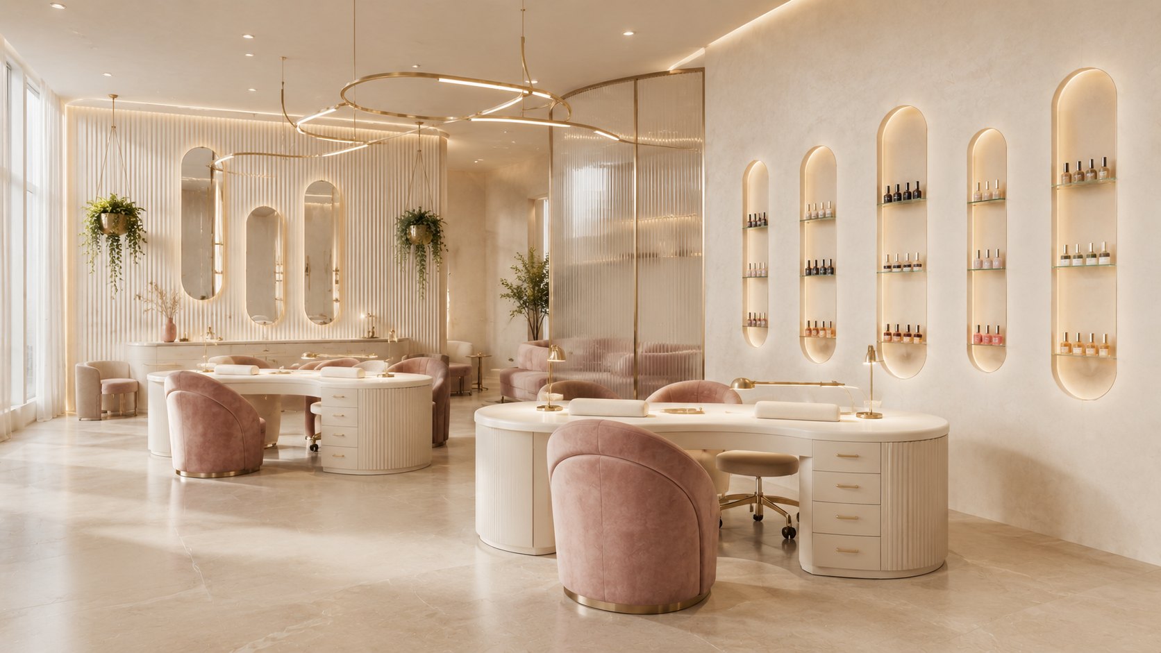 Interior de Marfil Studio, mesas de manicura color marfil con acentos rosa y dorado